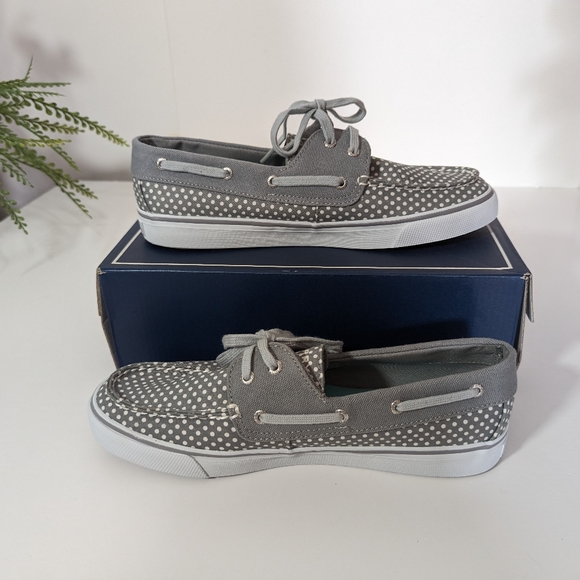 NIB Sperry Women's Top sider Gray & White Polka Dots Size 9 - Picture 1 of 9